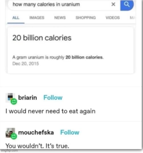 image tagged in uranium,calories,eating,unsafe,facts,wait | made w/ Imgflip meme maker