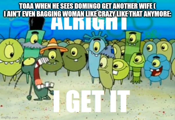 Alright I get It | TOAA WHEN HE SEES DOMINGO GET ANOTHER WIFE ( I AIN'T EVEN BAGGING WOMAN LIKE CRAZY LIKE THAT ANYMORE: | image tagged in alright i get it | made w/ Imgflip meme maker