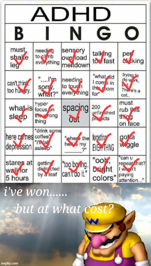 Doing this instead of an essay due tomorrow | image tagged in adhd bingo,i have won but at what cost,wario,adhd,memes,fun | made w/ Imgflip meme maker