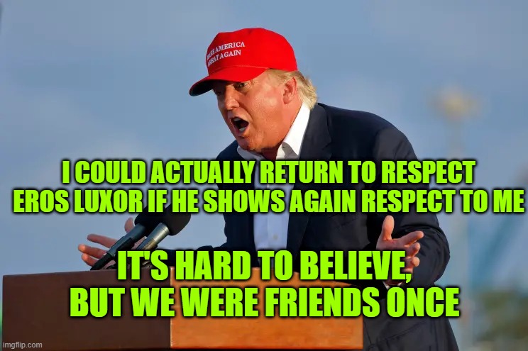 DONALD TRUMP MAGA HAT | I COULD ACTUALLY RETURN TO RESPECT EROS LUXOR IF HE SHOWS AGAIN RESPECT TO ME; IT'S HARD TO BELIEVE, BUT WE WERE FRIENDS ONCE | image tagged in donald trump maga hat | made w/ Imgflip meme maker