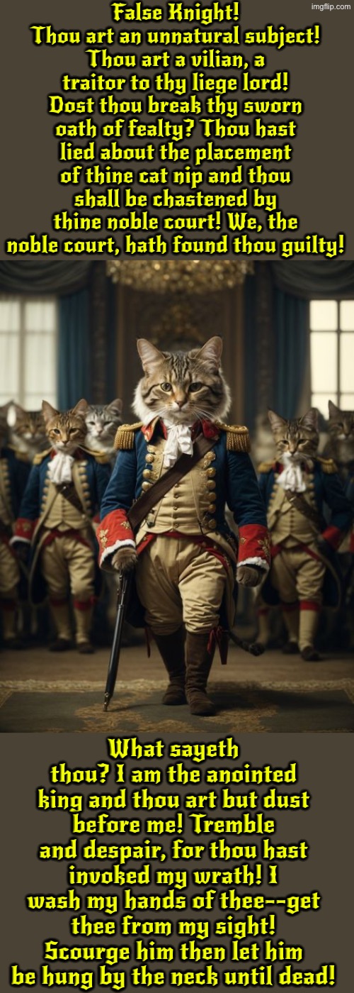 Thou Hast Lied About The Placement Of Thine Cat Nip | False Knight! Thou art an unnatural subject! Thou art a vilian, a traitor to thy liege lord! Dost thou break thy sworn oath of fealty? Thou hast lied about the placement of thine cat nip and thou shall be chastened by thine noble court! We, the noble court, hath found thou guilty! What sayeth thou? I am the anointed king and thou art but dust before me! Tremble and despair, for thou hast invoked my wrath! I wash my hands of thee--get thee from my sight! Scourge him then let him be hung by the neck until dead! | image tagged in cats,funny cats,medieval memes,superior royalty,liar,hanging | made w/ Imgflip meme maker