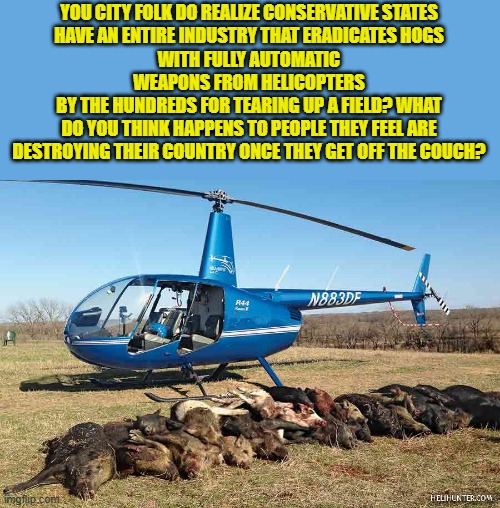 YOU CITY FOLK DO REALIZE CONSERVATIVE STATES
HAVE AN ENTIRE INDUSTRY THAT ERADICATES HOGS
WITH FULLY AUTOMATIC WEAPONS FROM HELICOPTERS
BY T | made w/ Imgflip meme maker