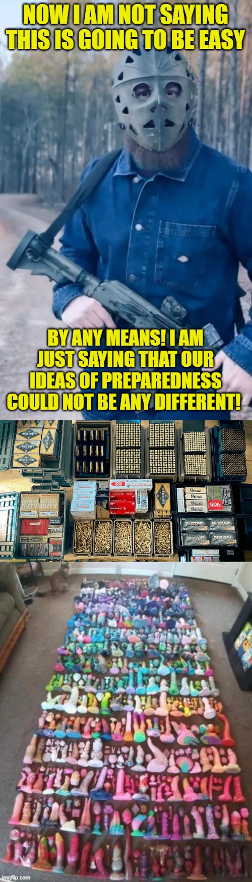 NOW I AM NOT SAYING THIS IS GOING TO BE EASY BY ANY MEANS! I AM JUST SAYING THAT OUR IDEAS OF PREPAREDNESS COULD NOT BE ANY DIFFERENT! | image tagged in risky chrisky | made w/ Imgflip meme maker