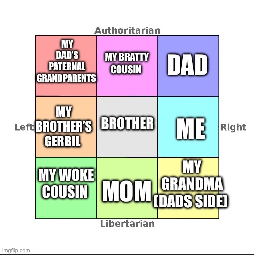 Family PCM (as of 2026) | MY DAD’S PATERNAL GRANDPARENTS; DAD; MY BRATTY COUSIN; MY BROTHER’S GERBIL; BROTHER; ME; MY GRANDMA (DADS SIDE); MY WOKE COUSIN; MOM | image tagged in political compass,lol,memes | made w/ Imgflip meme maker