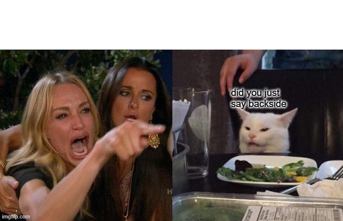 Woman Yelling At Cat Meme | did you just say backside | image tagged in memes,woman yelling at cat | made w/ Imgflip meme maker