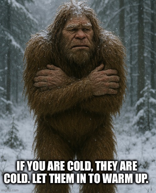 Bigfoot is cold, let him in | IF YOU ARE COLD, THEY ARE COLD. LET THEM IN TO WARM UP. | image tagged in bigfoot,sasquatch,cold,snow,freezing | made w/ Imgflip meme maker
