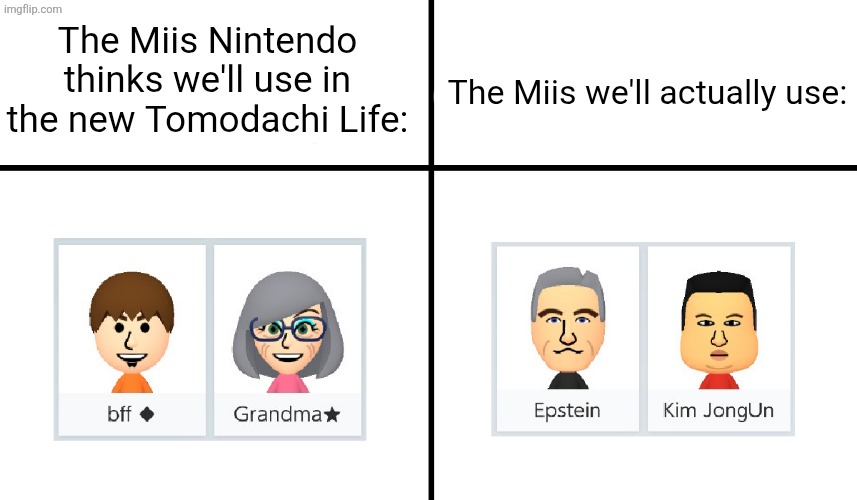 literally everyone | The Miis Nintendo thinks we'll use in the new Tomodachi Life:; The Miis we'll actually use: | image tagged in memes,tomodachi life,nintendo,funny,jeffrey epstein,kim jong un | made w/ Imgflip meme maker