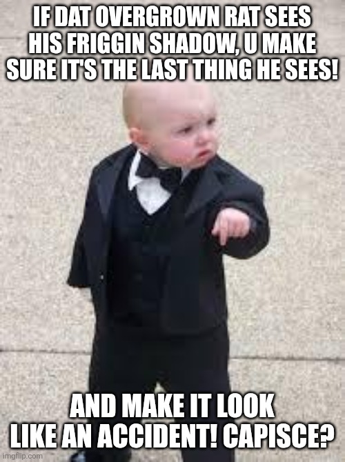 mafia baby | IF DAT OVERGROWN RAT SEES HIS FRIGGIN SHADOW, U MAKE SURE IT'S THE LAST THING HE SEES! AND MAKE IT LOOK LIKE AN ACCIDENT! CAPISCE? | image tagged in mafia baby | made w/ Imgflip meme maker