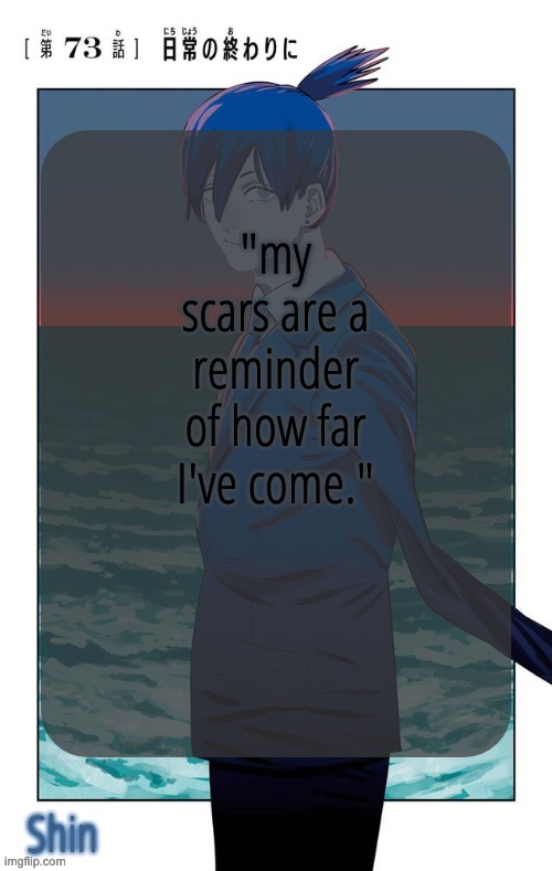 Shin's Aki Hayakawa Template | "my scars are a reminder of how far I've come." | image tagged in shin's aki hayakawa template | made w/ Imgflip meme maker