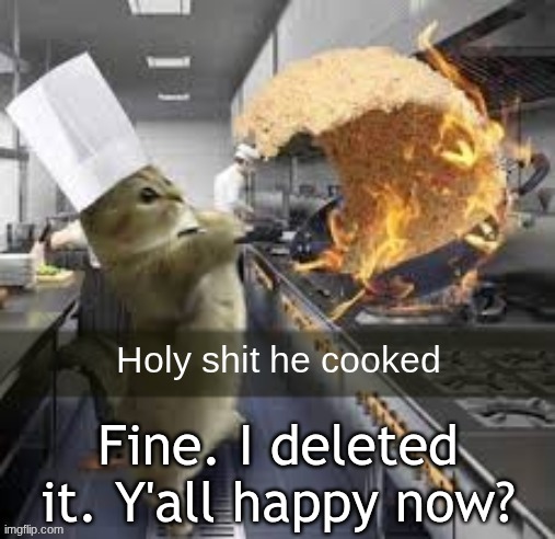Holy shit he cooked | Fine. I deleted it. Y'all happy now? | image tagged in holy shit he cooked | made w/ Imgflip meme maker