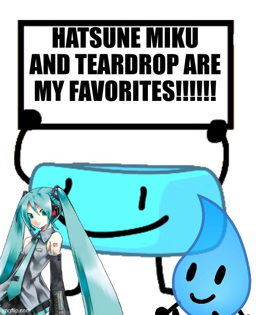 teardrop, miku bracelety | HATSUNE MIKU AND TEARDROP ARE MY FAVORITES!!!!!! | image tagged in bracelety sign,hatsune miku,bfdi | made w/ Imgflip meme maker