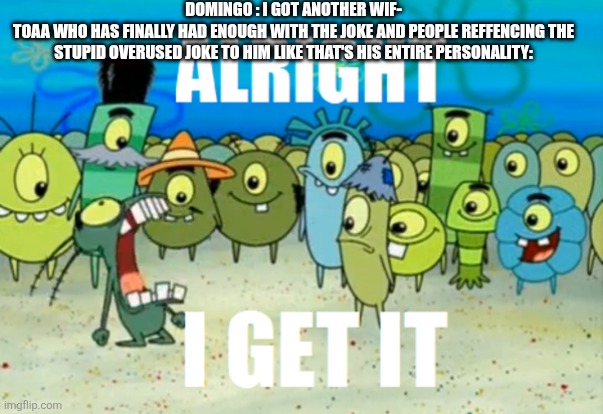 Alright I get It | DOMINGO : I GOT ANOTHER WIF-
TOAA WHO HAS FINALLY HAD ENOUGH WITH THE JOKE AND PEOPLE REFFENCING THE STUPID OVERUSED JOKE TO HIM LIKE THAT'S HIS ENTIRE PERSONALITY: | image tagged in alright i get it | made w/ Imgflip meme maker