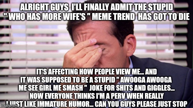 Annoying | ALRIGHT GUYS  I'LL FINALLY ADMIT THE STUPID " WHO HAS MORE WIFE'S " MEME TREND  HAS GOT TO DIE; IT'S AFFECTING HOW PEOPLE VIEW ME... AND IT WAS SUPPOSED TO BE A STUPID " AWOOGA AWOOGA  ME SEE GIRL ME SMASH "  JOKE FOR SHITS AND GIGGLES... NOW EVERYONE THINKS I'M A PERV WHEN REALLY I JUST LIKE IMMATURE HUMOR... CAN YOU GUYS PLEASE JUST STOP | image tagged in annoying | made w/ Imgflip meme maker