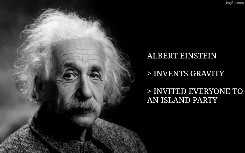 Albert Einstein | ALBERT EINSTEIN
 
> INVENTS GRAVITY
 
> INVITED EVERYONE TO AN ISLAND PARTY | image tagged in albert einstein | made w/ Imgflip meme maker