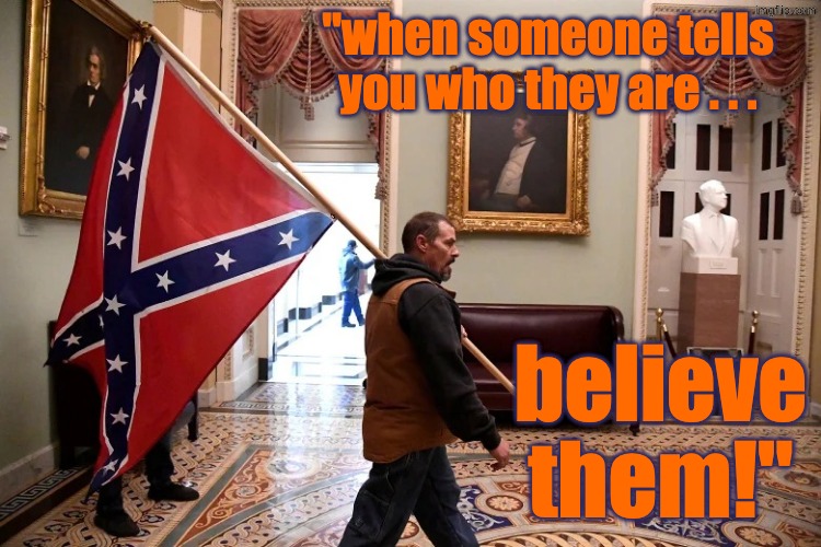 Jan. 6 2021 Confederate flag | "when someone tells you who they are . . . believe them!" | image tagged in jan 6 2021 confederate flag | made w/ Imgflip meme maker