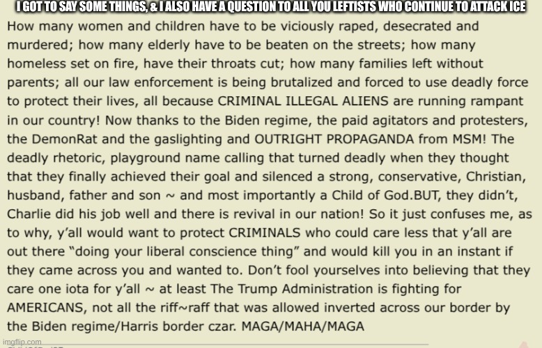 Illegal aliens have to go! | I GOT TO SAY SOME THINGS, & I ALSO HAVE A QUESTION TO ALL YOU LEFTISTS WHO CONTINUE TO ATTACK ICE | image tagged in ice,illegal immigration,crime | made w/ Imgflip meme maker