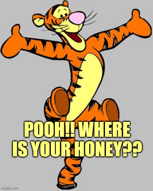 Tigger | POOH!! WHERE IS YOUR HONEY?? | image tagged in tigger | made w/ Imgflip meme maker