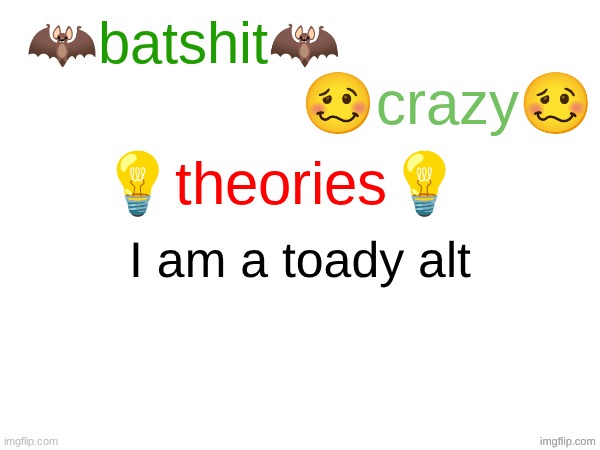 ts so toady :laughing_tears: | I am a toady alt | image tagged in batshit crazy theories | made w/ Imgflip meme maker