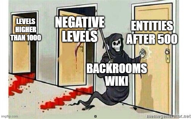 POV: Rule 7 of the backrooms wiki | ENTITIES AFTER 500; NEGATIVE LEVELS; LEVELS HIGHER THAN 1000; BACKROOMS WIKI | image tagged in grim reaper knocking door,backrooms,wiki | made w/ Imgflip meme maker