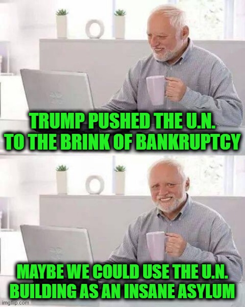 Hide the Pain Harold | TRUMP PUSHED THE U.N. TO THE BRINK OF BANKRUPTCY; MAYBE WE COULD USE THE U.N. BUILDING AS AN INSANE ASYLUM | image tagged in memes,hide the pain harold | made w/ Imgflip meme maker