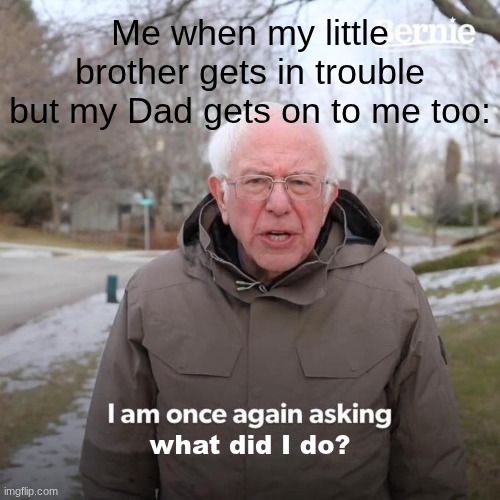 What did I do??? | Me when my little brother gets in trouble but my Dad gets on to me too:; what did I do? | image tagged in memes,bernie i am once again asking for your support | made w/ Imgflip meme maker