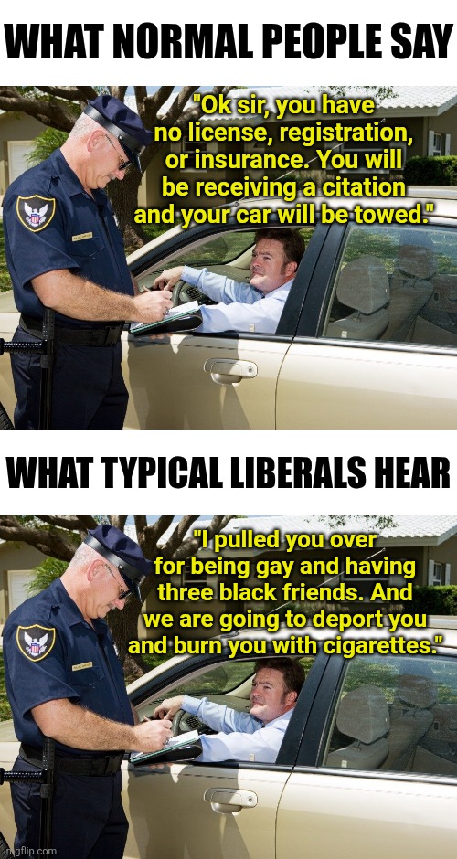 Finally figured out why liberals are so crazy..... very broken ears! | WHAT NORMAL PEOPLE SAY; "Ok sir, you have no license, registration, or insurance. You will be receiving a citation and your car will be towed."; WHAT TYPICAL LIBERALS HEAR; "I pulled you over for being gay and having three black friends. And we are going to deport you and burn you with cigarettes." | image tagged in cop,stupid liberals,hearing,liberal hypocrisy,liberal logic,democrats | made w/ Imgflip meme maker