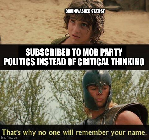 Troy no one will remember your name | BRAINWASHED STATIST; SUBSCRIBED TO MOB PARTY POLITICS INSTEAD OF CRITICAL THINKING | image tagged in troy no one will remember your name | made w/ Imgflip meme maker