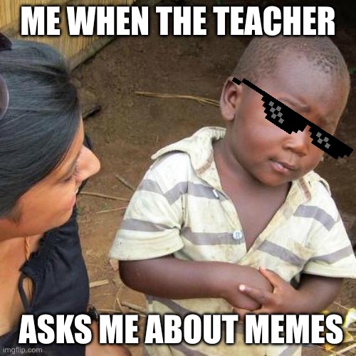 Pretty low quality | ME WHEN THE TEACHER; ASKS ME ABOUT MEMES | image tagged in memes,third world skeptical kid | made w/ Imgflip meme maker