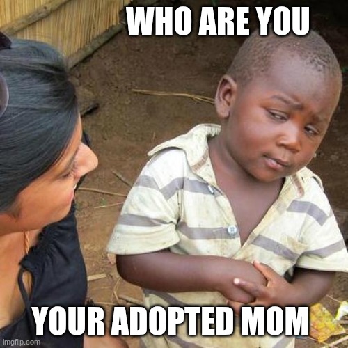 Adopted | WHO ARE YOU; YOUR ADOPTED MOM | image tagged in memes,third world skeptical kid | made w/ Imgflip meme maker