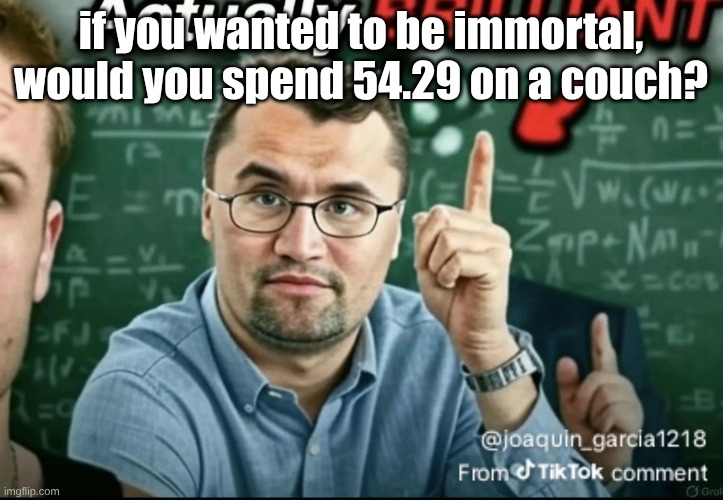 Dakirk | if you wanted to be immortal, would you spend 54.29 on a couch? | image tagged in dakirk | made w/ Imgflip meme maker
