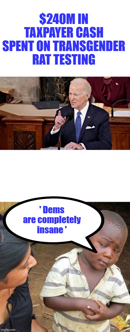 $240M IN TAXPAYER CASH SPENT ON TRANSGENDER RAT TESTING; ' Dems are completely insane ' | image tagged in memes,third world skeptical kid | made w/ Imgflip meme maker