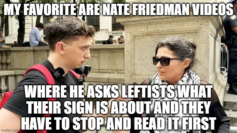 MY FAVORITE ARE NATE FRIEDMAN VIDEOS WHERE HE ASKS LEFTISTS WHAT THEIR SIGN IS ABOUT AND THEY HAVE TO STOP AND READ IT FIRST | image tagged in nate friedman street interview | made w/ Imgflip meme maker
