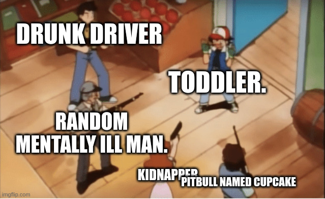 relatble? | DRUNK DRIVER; TODDLER. RANDOM MENTALLY ILL MAN. KIDNAPPER; PITBULL NAMED CUPCAKE | image tagged in ash ketchum gets guns pointed at him | made w/ Imgflip meme maker