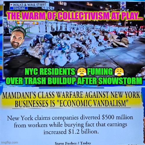 NYC's warmth of collectivism at play...trash buildup and no snow removal | THE WARM OF COLLECTIVISM AT PLAY... NYC RESIDENTS 😤FUMING 😤 OVER TRASH BUILDUP AFTER SNOWSTORM | image tagged in mamdani,warmth of collectivism,trash,snow removal,incompetence,insufferable | made w/ Imgflip meme maker