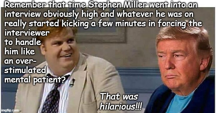 First-term callback | Remember that time Stephen Miller went into an
interview obviously high and whatever he was on
really started kicking a few minutes in forcing the
interviewer
to handle
him like
an over-
stimulated
mental patient? That was
hilarious!!! | image tagged in remember that time,stephen miller,trump goons,addict | made w/ Imgflip meme maker