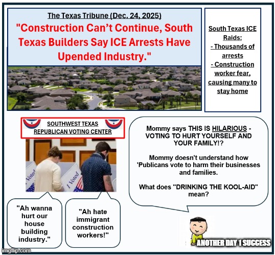 SW Texas Republican Voters Hurting Their Construction Industry | ANOTHER DAY 1 SUCCESS | image tagged in sw texas republican voters hurting their construction industry | made w/ Imgflip meme maker