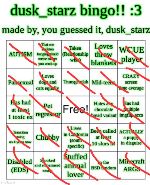 dusk_starz does dusk_starz bingo.......? made by dusk_starz........? | image tagged in dusk_starz's bingo | made w/ Imgflip meme maker