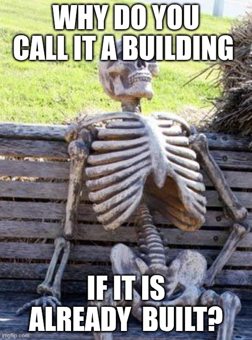 So true... | WHY DO YOU CALL IT A BUILDING; IF IT IS ALREADY  BUILT? | image tagged in memes,waiting skeleton | made w/ Imgflip meme maker