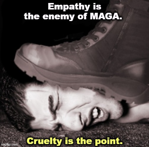 Which is why everybody hates MAGA. | Empathy is the enemy of MAGA. Cruelty is the point. | image tagged in empathy,sympathy,maga,cruelty,trump,sadism | made w/ Imgflip meme maker