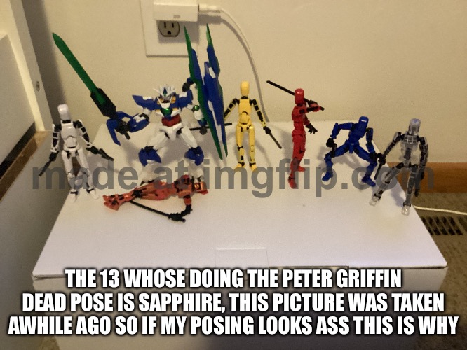 THE 13 WHOSE DOING THE PETER GRIFFIN DEAD POSE IS SAPPHIRE, THIS PICTURE WAS TAKEN AWHILE AGO SO IF MY POSING LOOKS ASS THIS IS WHY | made w/ Imgflip meme maker