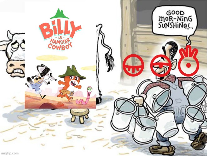 Billy the Cowboy Hamster in a nutshell | image tagged in milking the cow,billy the cowboy hamster,dandelooo,france | made w/ Imgflip meme maker