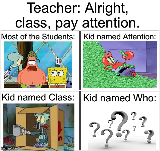 Alright, class, pay attention | Teacher: Alright, class, pay attention. Most of the Students:; Kid named Attention:; Kid named Class:; Kid named Who: | image tagged in memes,blank comic panel 2x2,kid named,spongebob,why are you reading the tags | made w/ Imgflip meme maker