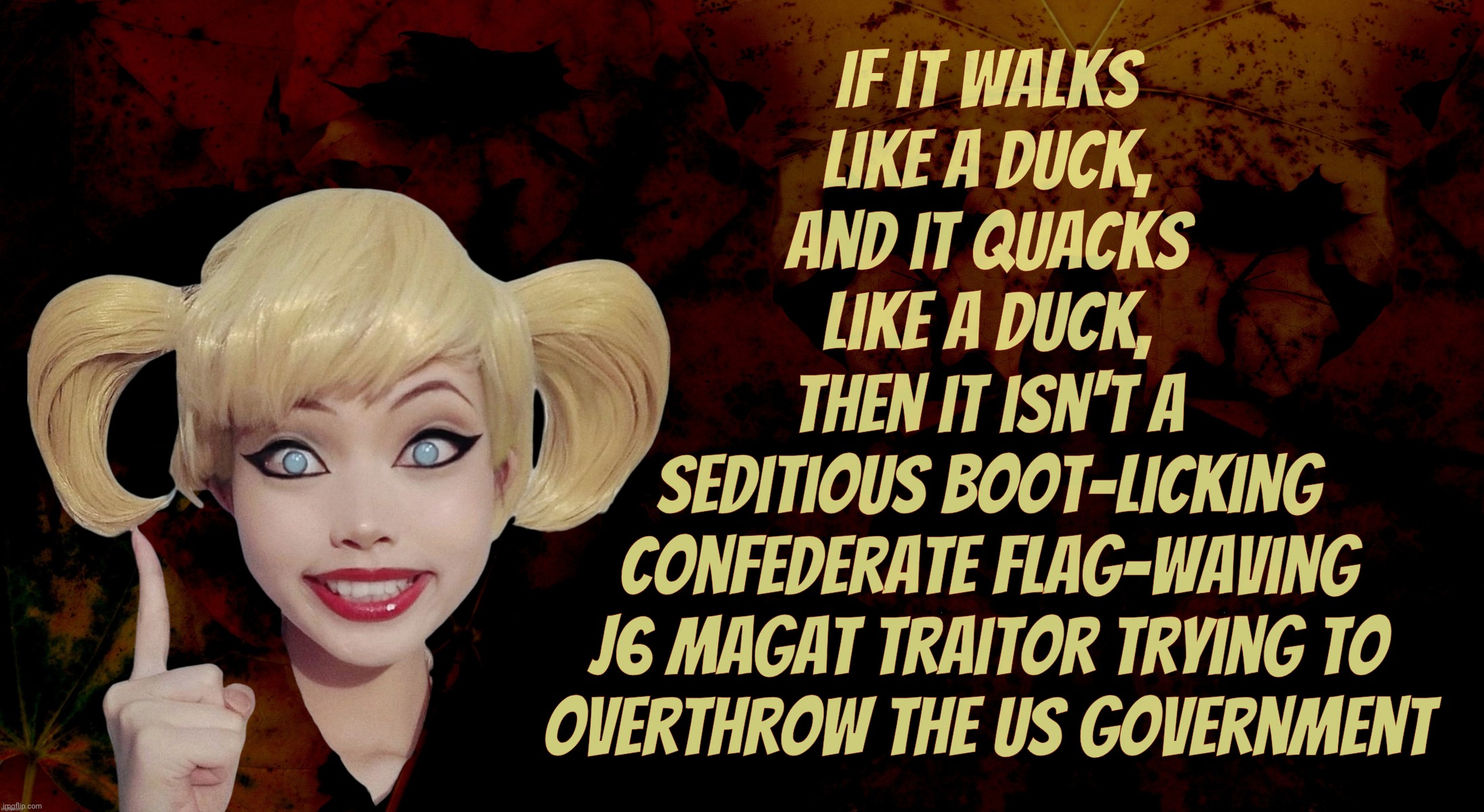 Seditious MAGAt terrorist traitors. | If it walks
like a duck,
and it quacks
like a duck, Then it isn't a seditious boot-licking
Confederate flag-waving
J6 MAGAt traitor trying to
overthrow the US government | image tagged in harley quinn,january 6th traitors,magat seditious traitors,walks quacks ducks,terrorists,confederate terrorists | made w/ Imgflip meme maker