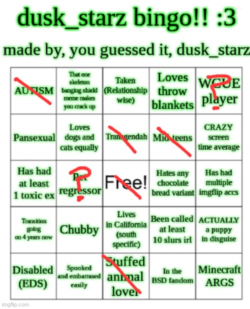 dusk_starz's bingo!!! | image tagged in dusk_starz's bingo | made w/ Imgflip meme maker