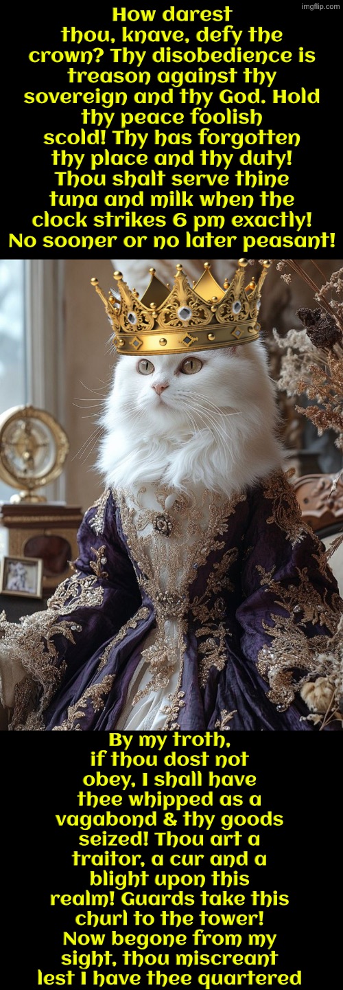 Thy Queen Hath Spoken Peasant | How darest thou, knave, defy the crown? Thy disobedience is treason against thy sovereign and thy God. Hold thy peace foolish scold! Thy has forgotten thy place and thy duty! Thou shalt serve thine tuna and milk when the clock strikes 6 pm exactly! No sooner or no later peasant! By my troth, if thou dost not obey, I shall have thee whipped as a vagabond & thy goods seized! Thou art a traitor, a cur and a blight upon this realm! Guards take this churl to the tower! Now begone from my sight, thou miscreant lest I have thee quartered | image tagged in cats,funny cats,medieval memes,the queen,superior royalty,peasant | made w/ Imgflip meme maker
