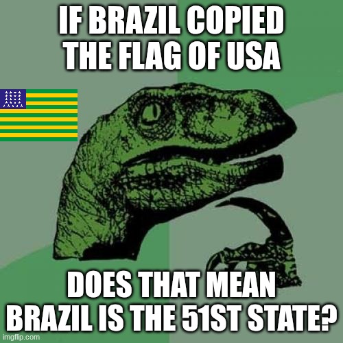 hmm... | IF BRAZIL COPIED THE FLAG OF USA; DOES THAT MEAN BRAZIL IS THE 51ST STATE? | image tagged in memes,philosoraptor | made w/ Imgflip meme maker