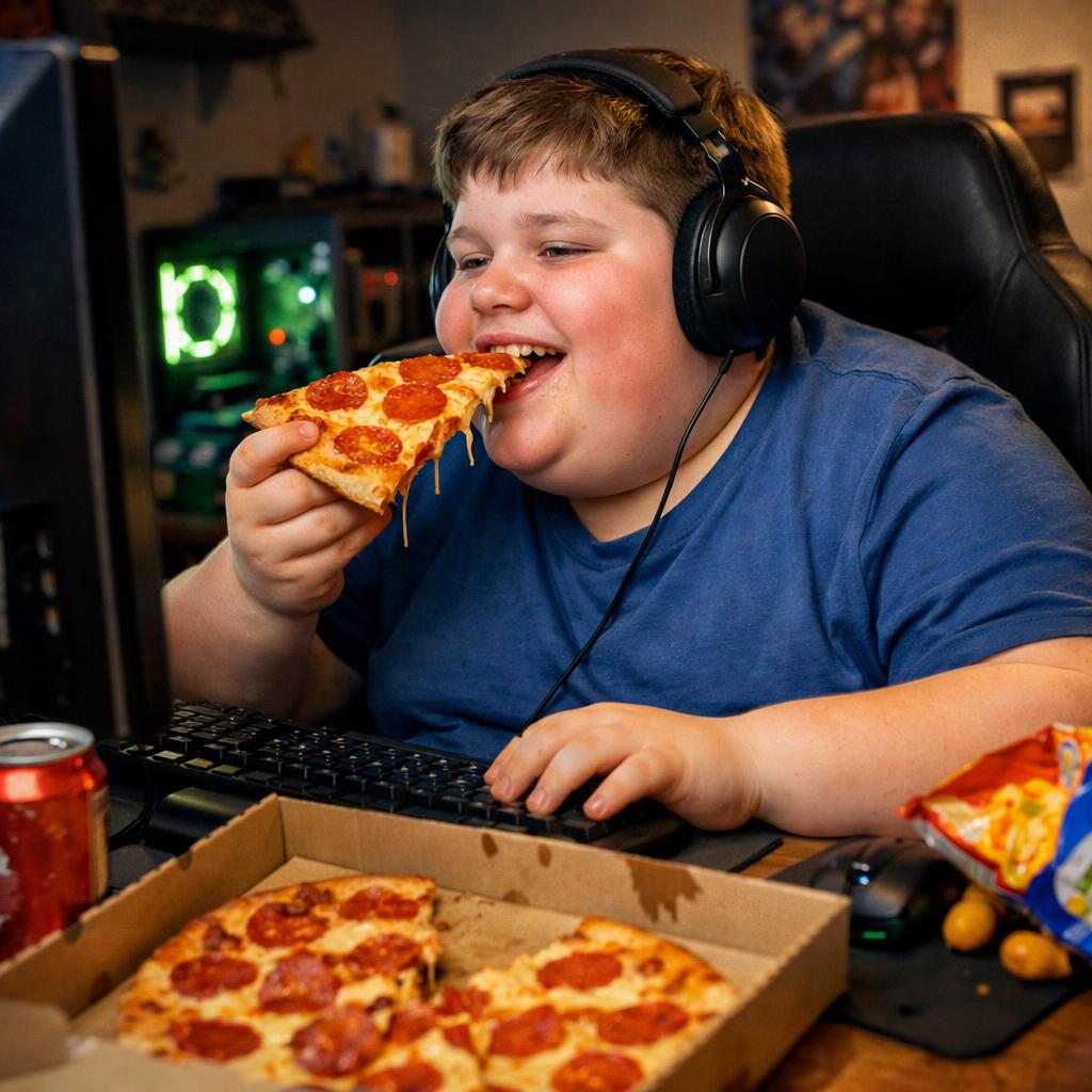fat kid eating pizza at his pc Blank Meme Template