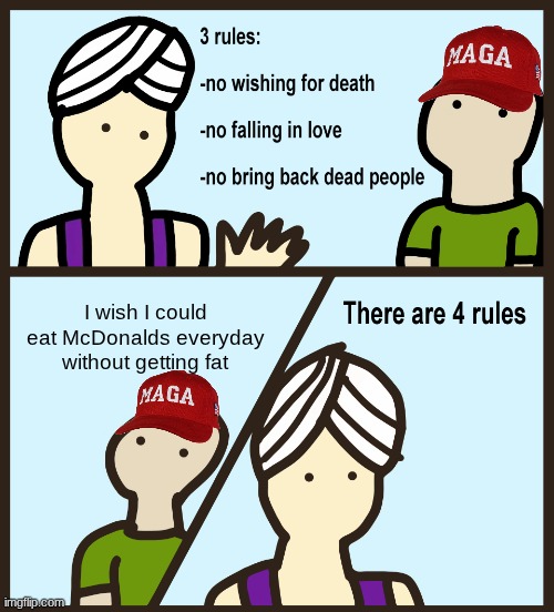 sorry americans | I wish I could eat McDonalds everyday without getting fat | image tagged in genie rules meme | made w/ Imgflip meme maker