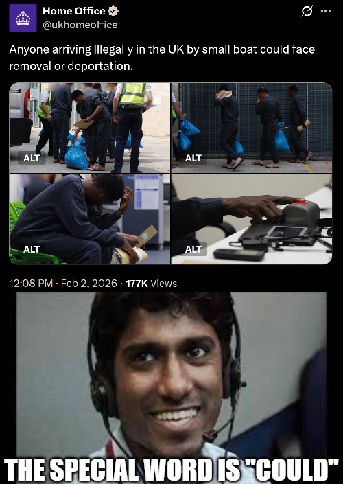 Globalists & people who rely on cheap labor and corruption, depend on lawyer-talk | THE SPECIAL WORD IS "COULD" | image tagged in indian scammer,illegal immigration,uk,great britain | made w/ Imgflip meme maker