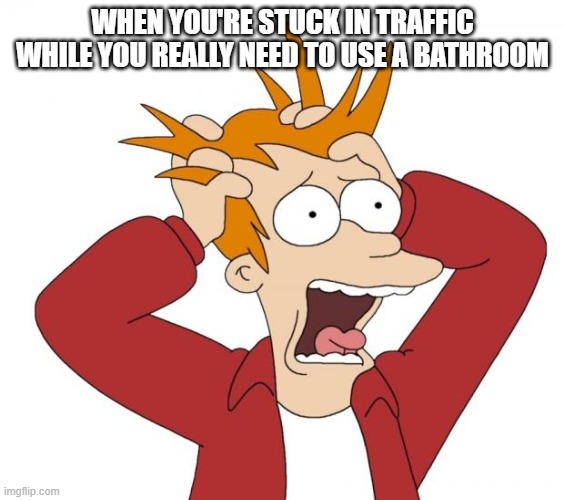 Just The Worst | WHEN YOU'RE STUCK IN TRAFFIC WHILE YOU REALLY NEED TO USE A BATHROOM | image tagged in panic,relatable,traffic,bathroom humor | made w/ Imgflip meme maker
